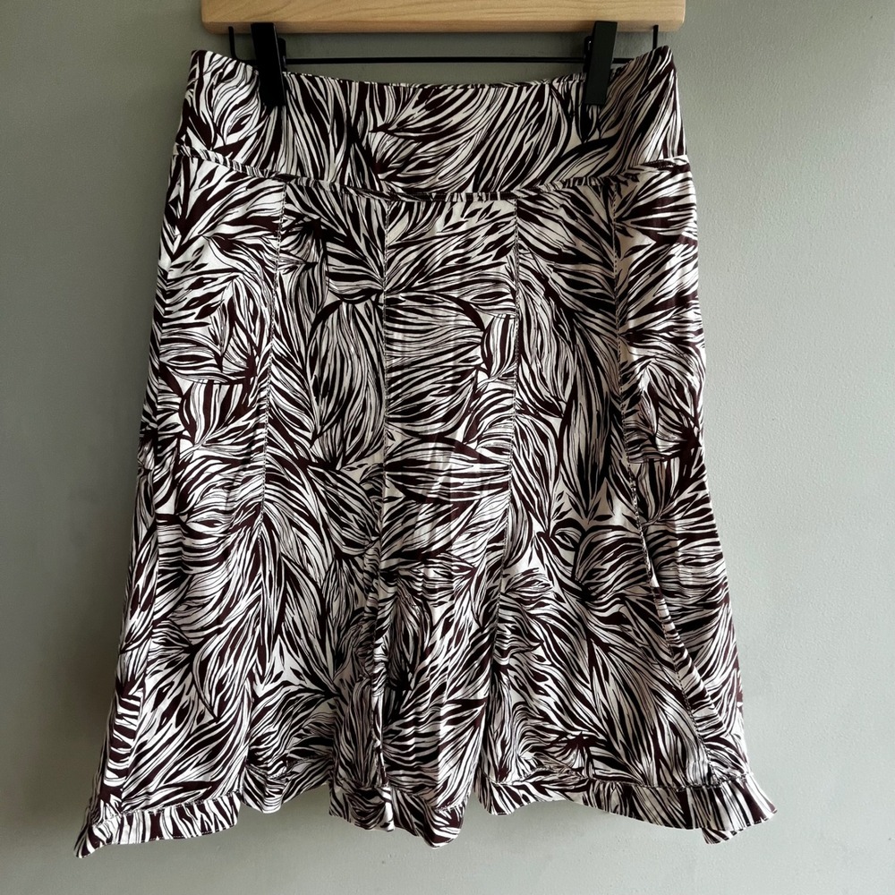 ANN TAYLOR Brown White Print Skirt Ruffle Hem Midi A Line Patterned Size 4